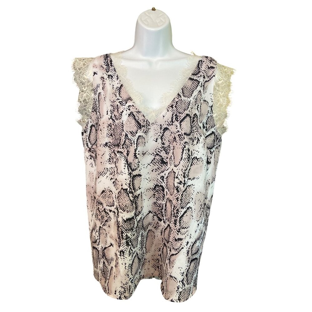 Womens Tank Blouse XL Snake Print Pink White Lace Trim Sleeveless V-Neck Mobwife